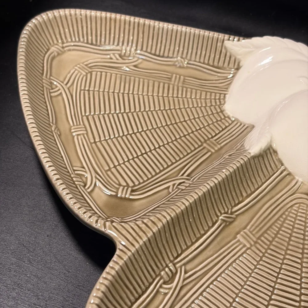 Vintage Georges Briard Ceramic Divided Serving Dish White Peaches Basketweave